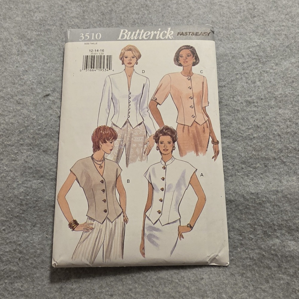 1990's Butterick Misses' Top Pattern 3510 Size 12-16 UNCUT